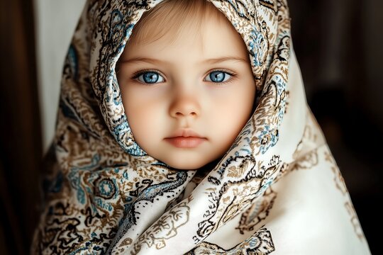 Portrait of a beautiful young girl with blue eyes covered in a traditional floral shawl