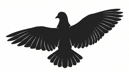 Obraz premium Flying Pigeon Silhouette Vector – Realistic Bird Wings Spread, Black and White Dove Illustration Isolated on White Background, icon