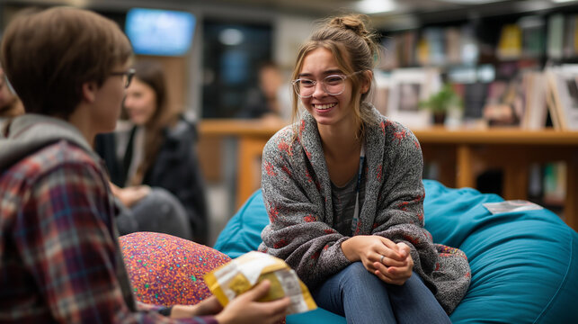 Teen support group gathers on beanbags in a school library corner with a student crying while peers listen in an emotional peer counseling session