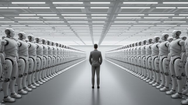 Business Leader Facing a Workforce of Identical AI Humanoid Robots
