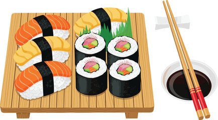 Sushi platter vector illustration with salmon nigiri maki rolls soy sauce and chopsticks on wooden tray © Shabita