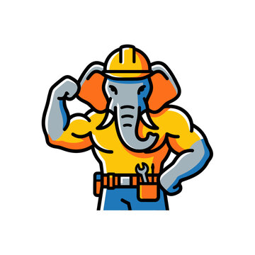 Cartoon elephant construction worker flexing muscle.