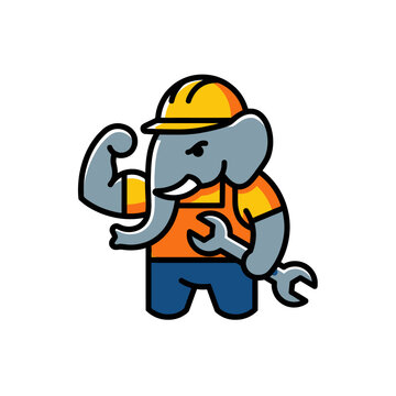 Cartoon elephant wearing hard hat.