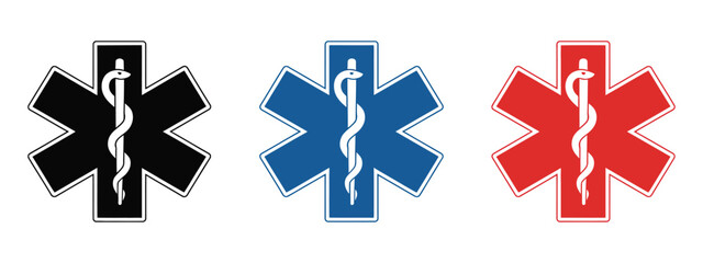 Star Of Life Icon Set, Multicolor Medical Emergency Symbols With Rod Of Asclepius, First Aid And Healthcare Concept, Modern Flat Vector Illustration For Safety, Rescue, And © Kh
