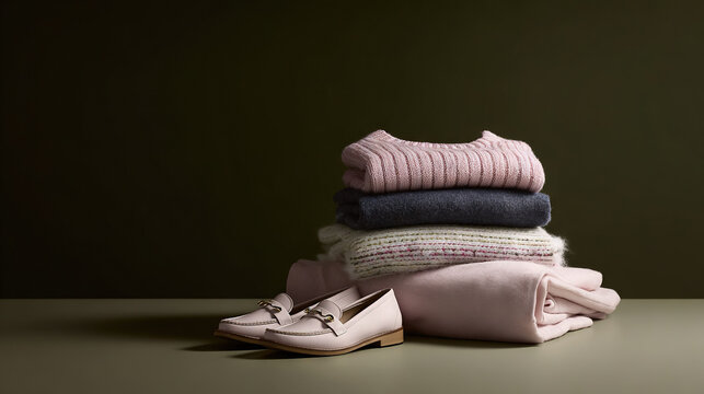 Stacked Knit Sweaters with Loafers Against Dark Background
