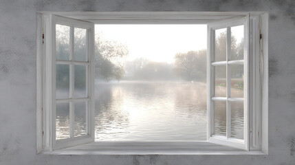 Fototapeta premium Sunlit Lake View Through Open Windows