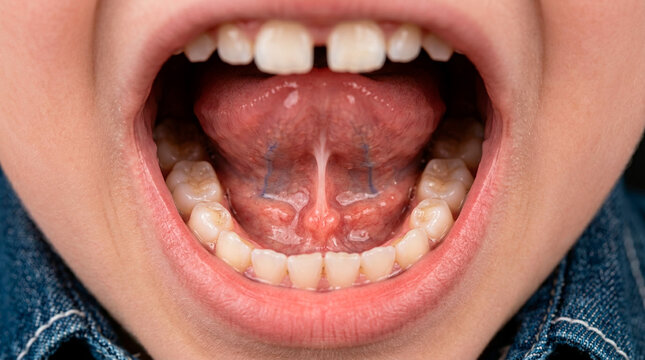 Close-up view of a child's open mouth showing teeth and tongue with visible frenulum
