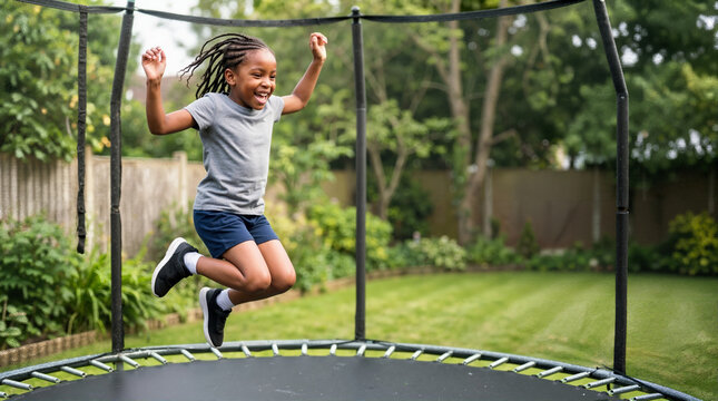 Happy African American girl jumping on a trampoline in the backyard. Active child having fun and exercising outdoors