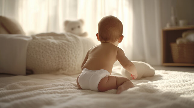 Adorable baby crawling in soft morning light, organic diaper advertising concept, eco friendly baby products, natural parenting lifestyle, cozy nursery interior, healthy infant development and comfort