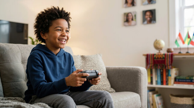 Happy African American boy playing a video game with a controller at home. Excited child sitting on the sofa enjoying electronic entertainment. Modern childhood and leisure concept