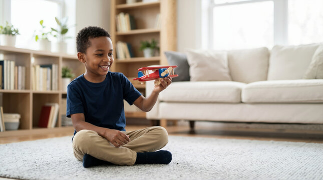 Cute African American boy playing with a wooden toy airplane at home. Child with imagination dreaming of being a pilot. Happy childhood and creative play concept