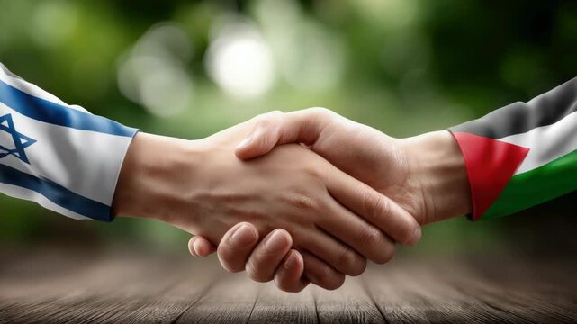 Hands with Israel and Palestine flags shaking, symbolizing peace, agreement, cooperation, and diplomatic resolution of conflict between conflicting nations