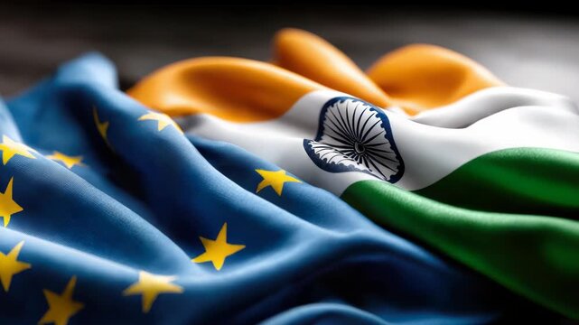 Indian and European Union flags blending together, illustrating concepts of international cooperation, global alliances, trade relationships, and a powerful united front