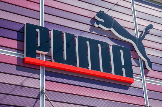 Wolfsburg, Germany, 29 April 2026: Puma store facade brand logo signage at Designer Outlets Wolfsburg