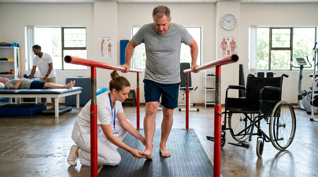Physical therapist assists an elderly man with rehabilitation exercises using parallel bars