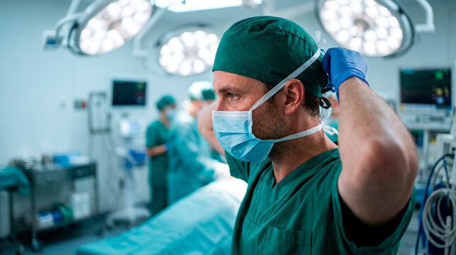 Surgeon preparing for operation, adjusting surgical mask and cap in brightly lit operating room