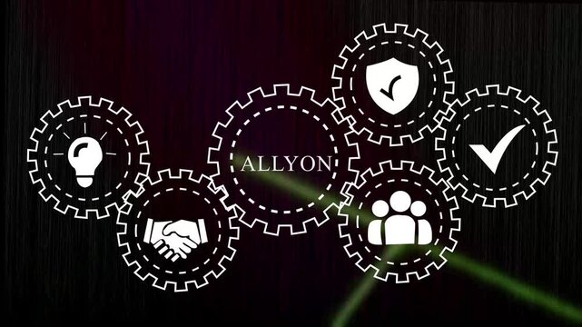 Corporate business strategy concept featuring interlocking mechanical gears with for innovation, teamwork, security, and success on a dark background, for modern