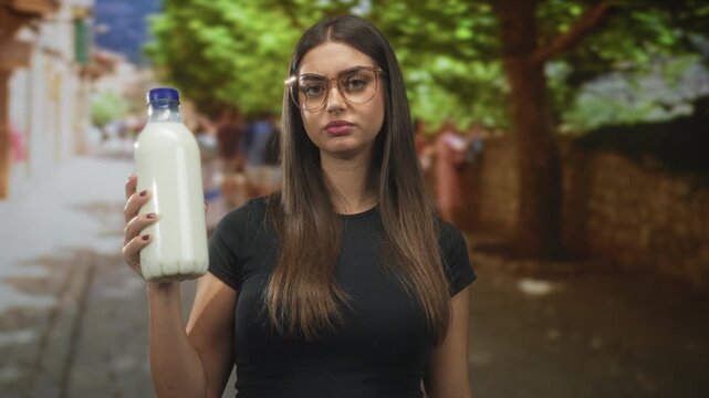 Woman holding milk bottle inspecting cap and showing thumb down gesture on a city street market lane; disapproval concern.