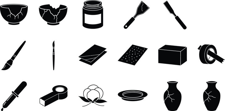 Set of black silhouette icons for pottery repair and ceramic restoration tools