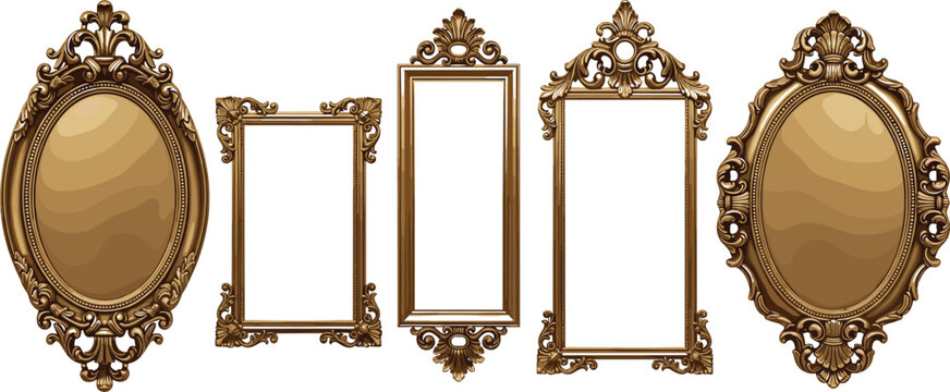 Vintage ornate golden frame collection vector set with decorative antique baroque mirror and picture borders