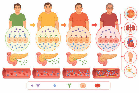 Type 2 diabetes progression stages illustration
