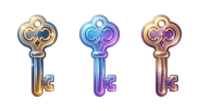 Three ornate keys with colorful metallic finishes