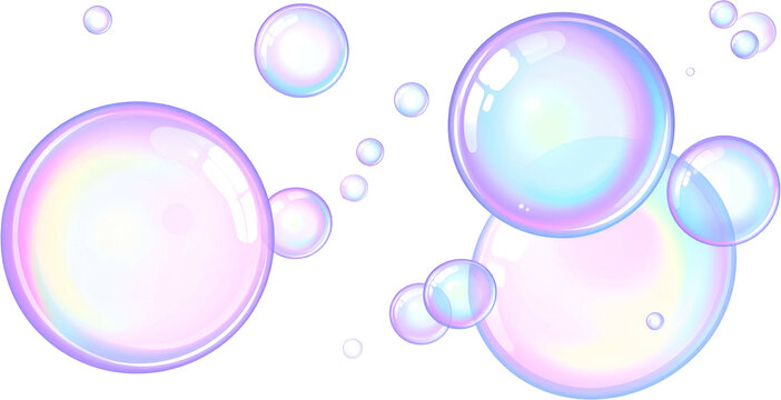 Realistic 3D soap bubbles with rainbow reflection, transparent background, vector illustration, bubble PNG, flying water glass bubble, iridescent foam, isolated composition, 3D rendering