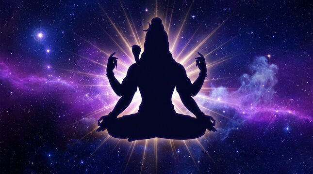 Silhouette of Lord Shani Dev meditating in deep cosmic space with vibrant nebula and stars.