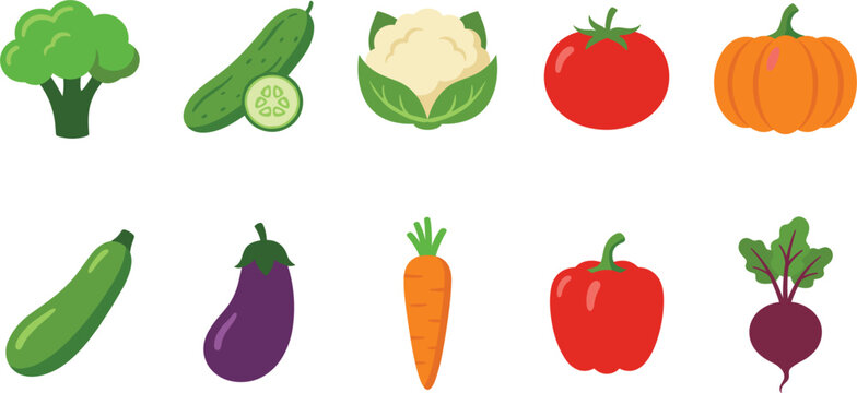 Vegetable icons set including broccoli cucumber cauliflower tomato pumpkin zucchini eggplant carrot pepper beetroot flat vector illustration for healthy food cooking and nutrition design