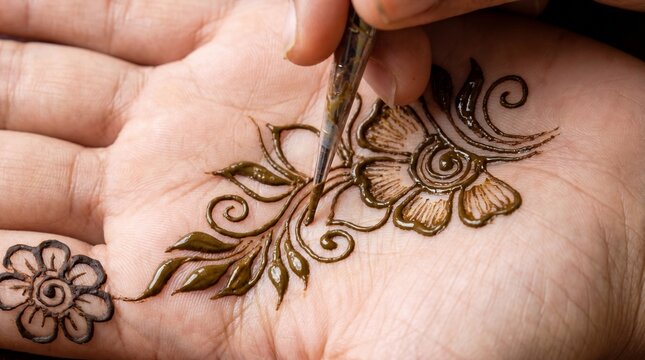 Close-up of artist applying intricate henna design to palm with detailed floral pattern