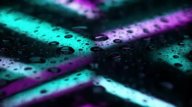 High-tech abstract animation. Luminous water droplets on a sleek, dark, reflective surface with vibrant teal and magenta neon lights pulsating in chevron patterns, intense reflections and sharp