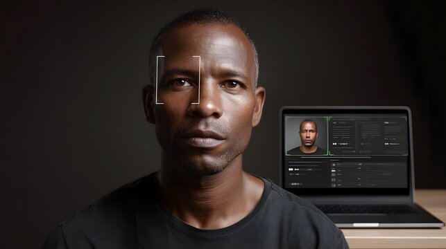 A professional man with a serious expression stands before a laptop displaying a biometric facial recognition interface