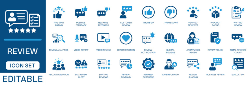 Review icon set featuring rating, customer feedback, star ratings, user testimonials, and business evaluation symbols in a modern blue flat design.