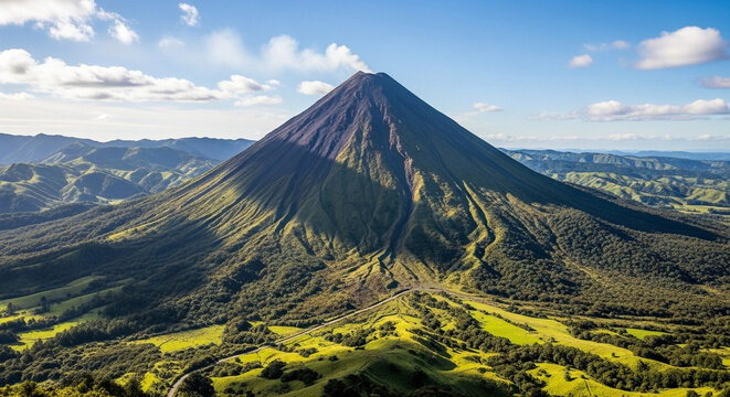 Majestic conical volcano dominates a vibrant green landscape, its lush slopes ascending towards a dramatic, cloud-dotted sky, embodying the serene grandeur of nature