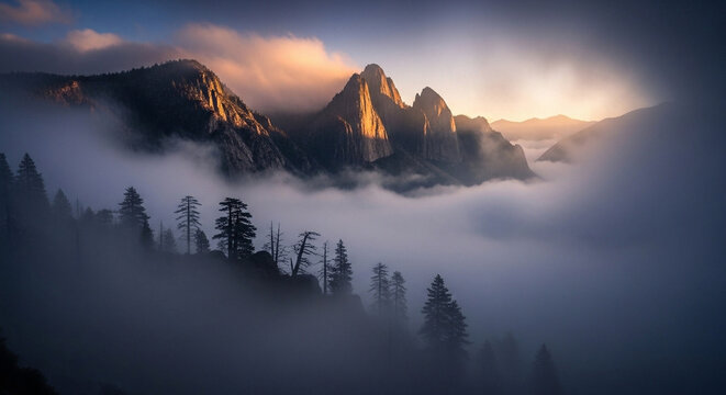 Golden light illuminates majestic mountain peaks rising above a mystical sea of morning fog, creating a breathtaking and ethereal landscape vista