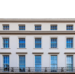 Fototapeta premium PNG Georgian townhouse facade with white wall, sash windows, and balcony on transparent background, UK architecture