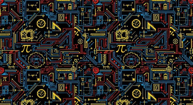 Colorful math symbols and equations pattern.