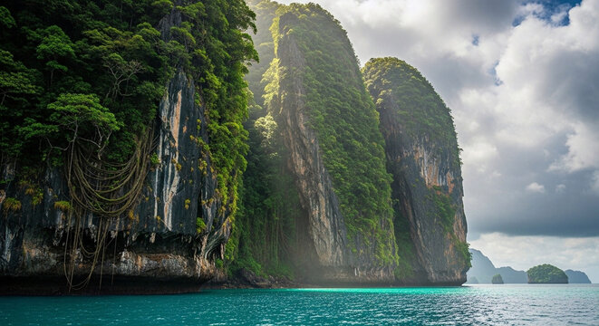Dramatic towering limestone karsts covered in vibrant green vegetation emerge from the tranquil turquoise sea under a captivating cloudy sky, creating a breathtaking tropical island vista