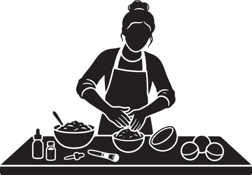 vector of a crafter firmly pressing a natural bath bomb mixture into a spherical mold