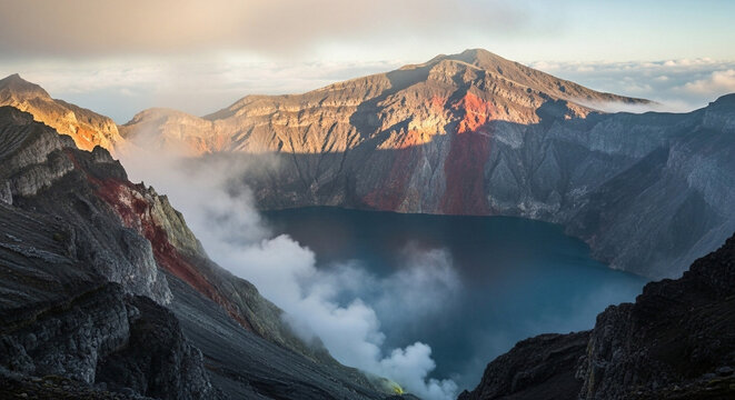 Panoramic view of a breathtaking volcanic caldera lake nestled amidst rugged, majestic mountains, illuminated by the serene golden light of dawn, with ethereal mist rising from the pristine waters