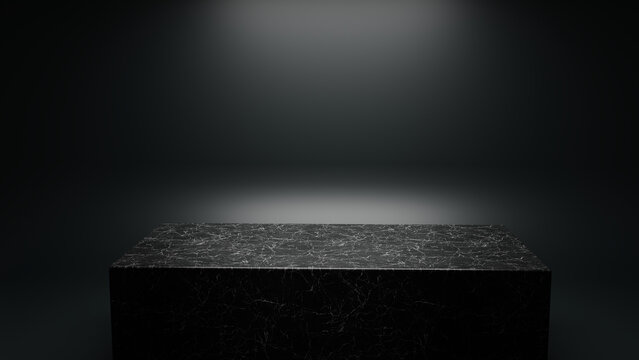 black luxury cosmetic podium, dark smoke perfume display,