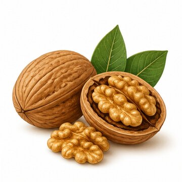 Walnut with shell and kernel isolated, realistic nut illustration with leaves