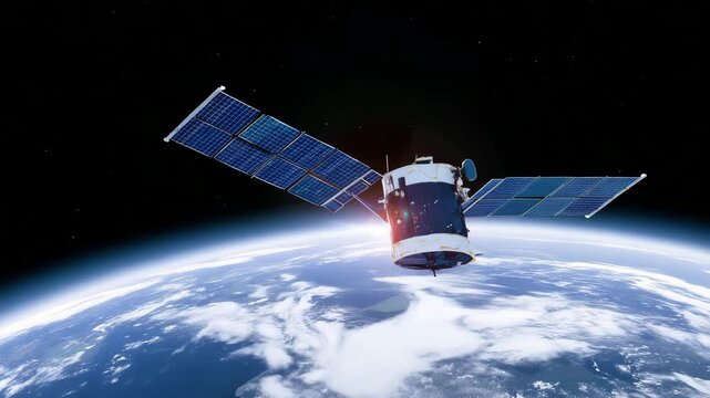 Cube satellite orbiting above Earth with solar panels, realistic space technology scene, small spacecraft, remote sensing, global communication and cinematic blue planet background
