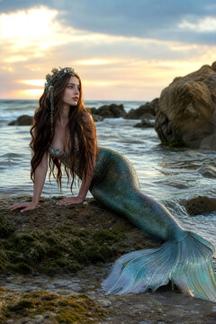 Beautiful brunette mermaid with a floral crown sitting on rocks by the ocean at sunset