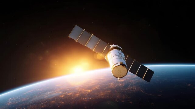 Satellite orbiting above Earth at sunrise, global communication technology, space station module, GPS navigation, aerospace engineering, data transmission and worldwide connectivit
