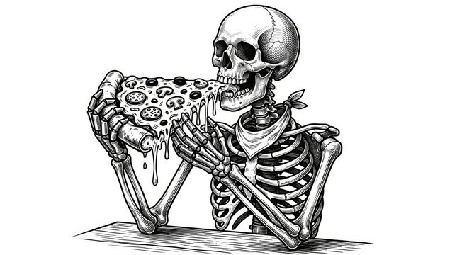 Black-and-white vector illustration in scratchboard style: a skeleton consuming a large cheese pizza slice with toppings, depicted as a fictional character in sketch engraving
