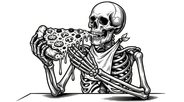 Black-and-white vector illustration in scratchboard style: a skeleton consuming a large cheese pizza slice with toppings, depicted as a fictional character in sketch engraving
