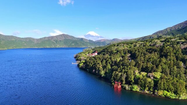 Lake Ashi Shore | Green Mountains | Nature - 4K Aerial Video
