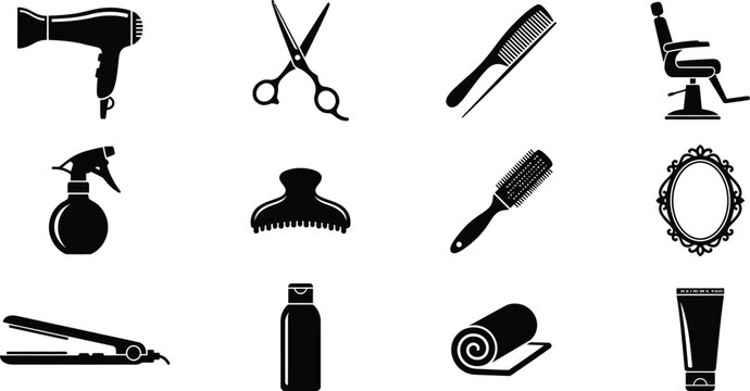 Black and white hairdressing icons, 13 silhouette symbols, beauty salon tools, vector graphics
