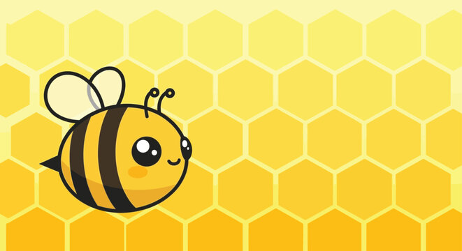 A charming illustration featuring an adorable, round-bodied bee with wide eyes, smiling against a vibrant yellow background filled with honeycomb patterns.